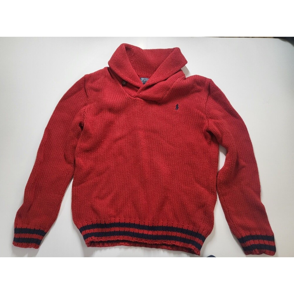 Polo Ralph Lauren Shawl Collar Sweater Boys M(10-12) Red Pony Knit Pullover @B7